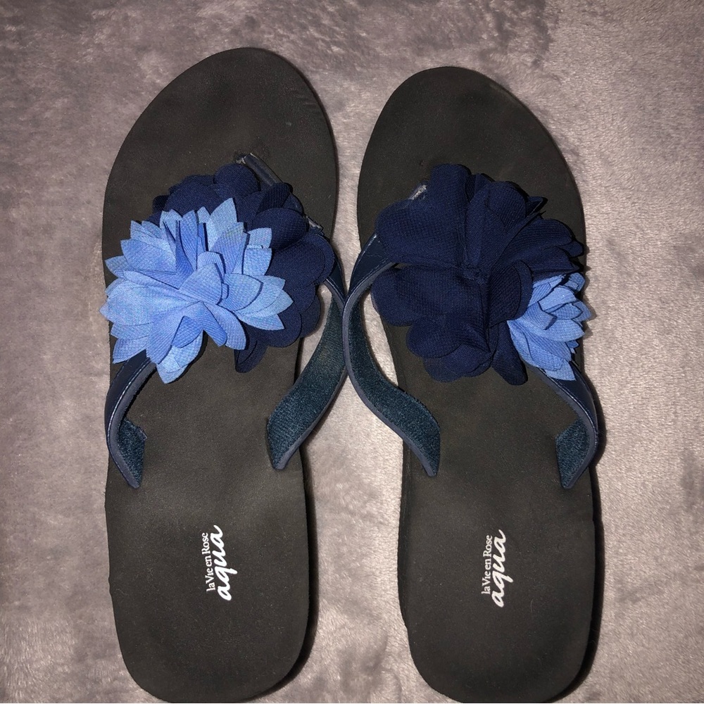 La vie en rose floral  black/ blue  heel sandals/ slippers/ platform